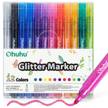 Ohuhu Feutres métalliques à paillettes à base d'eau, 12 couleurs scintillantes (Embout de 3 mm)