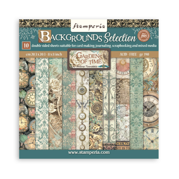 Stamperia Gardens of Time - Ensemble de papier Backgrounds Double Face 8"x8", 10 feuilles
