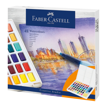Faber-Castell Coffret de 48 aquarelles solides avec éponge et pinceau à réservoir d'eau - #169748