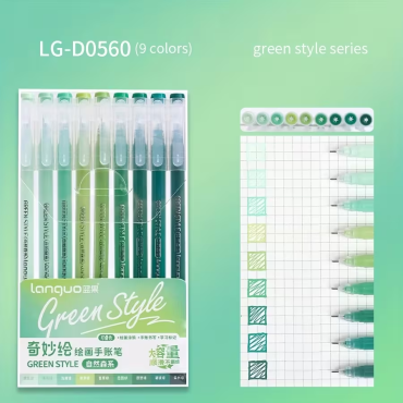 Languo - LG-D0560 Green Style - Lot de 9 stylos gel à pointe fine, 0.6mm