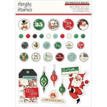 SIMPLE STORIES BRADS SIMPLE VINTAGE HOLLY JOLLY 27 BRADS, 6 CHIPBOARDS