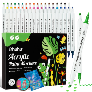 Ohuhu Marqueurs de peinture acrylique, 36 couleurs, pointe pinceau et pointe pointillée
