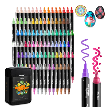 Ohuhu Feutres de peinture acrylique, 90 couleurs, Double pointe (ronde et fine)